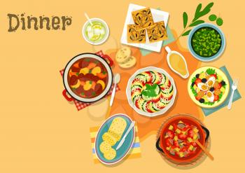 French cuisine vegetable, meat dishes icon of vegetable stew with tomato, eggplant and pepper, beef and pork stew, chicken salad with egg and tomato, onion pie, olive and garlic sauce, flavored butter