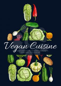 Veggies poster. Vector symbol of vegan cuisine in shape of rolling pin with vegetables cabbage, broccoli, leek, kohlrabi, pea, pepper, cucumber and potato, beet, carrot, tomato, squash, onion leek