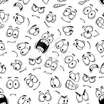 Emoticons and smiley of human face emotions and emoji expressions. Vector seamless pattern of cartoon eyes and mouth characters angry and smiling, sad or upset and surprised or shocked, crying and lau