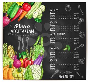 Vegetables sketch for vegetarian restaurant or cafe menu with prices. Veggies of vector corn and garlic, zucchini squash and beet, pumpkin and cauliflower, radish daikon, broccoli, bell and chili pepp