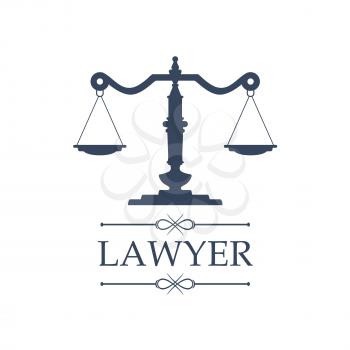 Legal center or law advocate icon with symbol of Justice Scales for rights lawyer or jurisdiction advocacy. Juridical emblem for advocate or attorney office, counsel, notary company or judge prosecuti