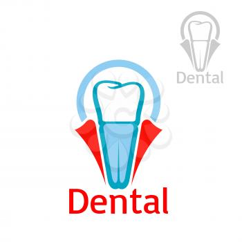 Dentist and dentistry icon or emblem with vector symbol of tooth implant set in dent gum. Isolated sign or badge for dentist clinic, stomatology or dental implantation surgeon office, tooth paste, mou