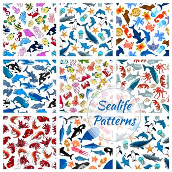Vector cartoon sea fish and ocean animals seamless pattern of stingray and penguin, turtle, clown fish or flounder and tropical butterfly fish, lobster crab, octopus, starfish and seahorse, squid and 