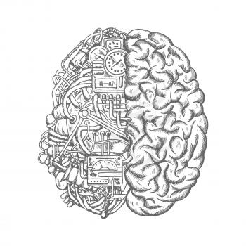 Brain mechanism sketch vector icon. Human brain half of machine parts with pipes, engine ignition, electronic relay and sensor detectors, timer and measure meter gauge, mechanic gears or drives and to