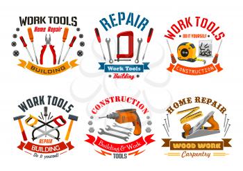 Repair, construction, building, carpentry work tools icons or emblems of pliers, screw, bolts and nuts with screwdrivers, fretsaw and tape measure, hammer mallet and drill with woodwork plane. Vector 