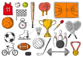 Sport icons of balls and sportive games items of tennis balls, shuttlecock and rackets, soccer football playing field, champion prize cup, basketball t-shirt, checkered flag, skates, weightlifting dum