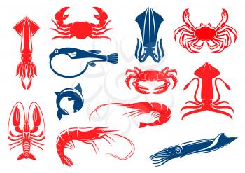 Vector icons of seafood and fish food of shrimp, crab and lobster, squid, salmon or tuna. Vector isolated emblems for sea food restaurant, fish market or shop, oriental cuisine