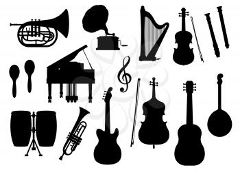 Silhouette of musical instruments. Vector isolated icons of orchestra harp, contrabass and piano, maracas, saxophone and gramophone, ethnic jembe drums, jazz trumpet, acoustic guitar and banjo or lute