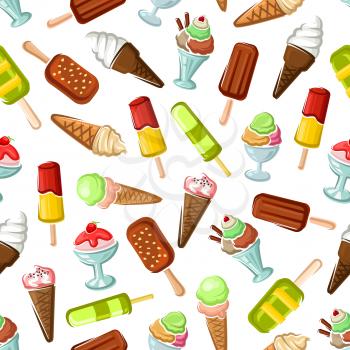 Ice cream pattern. Vector seamless sweet frozen desserts of soft ice cream in wafer cone, glazed eskimo with whipped cream and fruit ice, fruity ice cream with chocolate sundae and fresh vanilla scoop