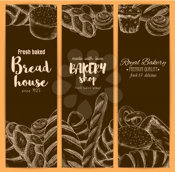 Bakery or baker house bread banners of sketch fresh baked pretzel, cinnamon roll, sweet sesame roll bun and croissant, white wheat toast bread, rye loaf brick or loaf and bagel with braided bread. Vec