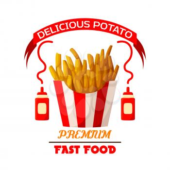 French fries icon. Fast food vector isolated emblem of fried salty potato wedges chips or frites snack in striped paper box, ketchup sauce bottles and red ribbon. Sign or badge for fastfood restaurant