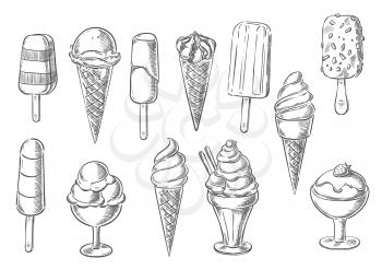 Ice cream sketch icons of sweet frozen creamy desserts, fruity gelato ice cream, soft ice cream in wafer cone, caramel eskimo or chocolate glaze sundae with nuts, whipped cream and fruit ice, fresh va