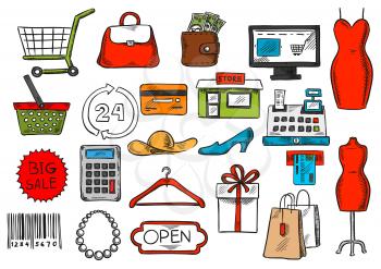 Shopping icons set. Vector isolated retail and purchase items of shop counter, woman dress and credit card, clothes hanger and shoes, gift box and shopping basket or bag, barcode price tag, money purs
