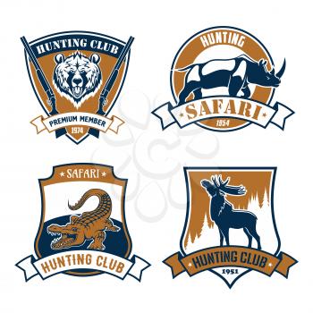 Hunting safari club icons and vector hunt emblems set of wild African safari animals grizzly bear and rhinoceros or hippopotamus, alligator or cayman crocodile, elk, deer or reindeer with antlers. Vec