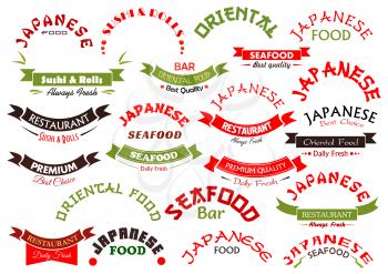 Seafood or fish food ribbons or icons set. Vector emblems and banner signs design for premium quality Japanese or oriental sea food restaurant with daily fresh sushi and sashimi, wok or noodle bar