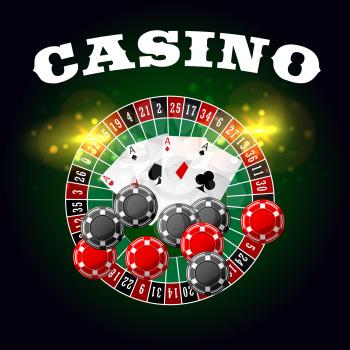 Wheel of fortune casino vector poster with lucky numbers on bet roulette, gambling chips and poker game cards of aces with spades, hearts, diamonds and clubs suits with gold glittering light