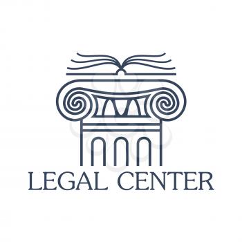 Legal assistance center emblem. Badge for law and juridical company or office. Vector isolated icon of antique greek or roman column pillar with open book for lawyer and notary, attorney or counsel se