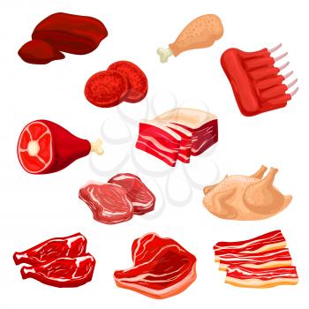 Meat isolated icons. Pork bacon and tenderloin or chop, mutton ribs, beefsteak, beef raw filet and steak, t-bone sirloin, poultry turkey and chicken leg, meat liver and meaty cutlet. Butcher shop fres
