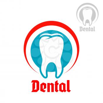 Dentistry, odontology, stomatology emblem. Vector badge or sign of healthy white tooth with round circle symbol of mouth. Isolated icon for dentist, stomatologist clinic or teeth health center or toot