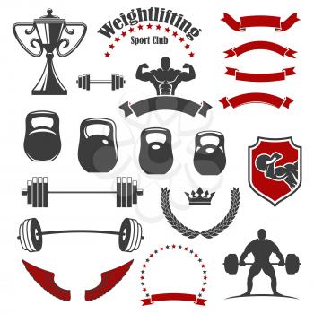 Weightlifting icons. Vector isolated weightlifter athlete muscle torso, iron barbell with weight dumbbell. Ribbon banners, wings and winner cup award, wreath of stars, crown shield symbols for gym, fi
