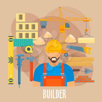 Builder profession poster. Vector worker man in uniform and safety helmet with building and constriction work tools and items level ruler, micrometer or caliper and hammer, crane, saw and concrete tro