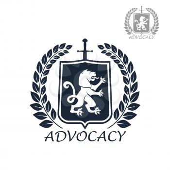 Advocacy and lawyer or attorney icon. Legal juridical assistance emblem. Badge for law and counsel service company or office. Vector isolated badge of heraldic lion sign on shield and laurel wreath