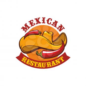 Mexican restaurant sign. Vector isolated emblem with icons of sombrero hat and hot spicy chili pepper jalapeno. Badge for mexican burrito fast food or tacos snack bar, traditional authentic mexican di