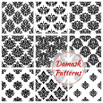 Damask patterns of floral ornate embellishment. Luxury flowery backdrops and flourish ornamental tiles. Baroque or rococo background design. Vector set of tracery motif adornment backdrops