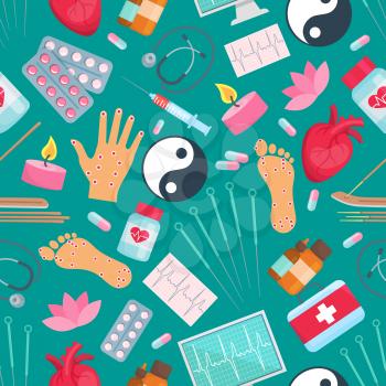 Acupuncture seamless pattern. Oriental alternative and Chinese complementary medicine treatment items needles, healthy points on hands, feet, Yin Yang symbol, drug pills and candle, syringe, heart, ar