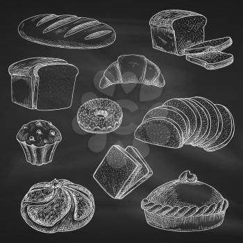 Bread icons. Chalk sketch on blackboard or chalkboard. Vector isolated wheat bread loaf brick or bagel, sliced rye bread toasts, crunch pie or cake, chocolate muffin with sweet croissant or cupcake de