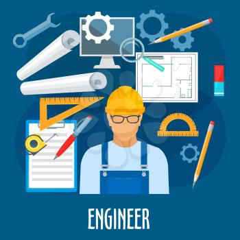 Engineer profession poster. Vector builder worker man in uniform with glasses and safety helmet with building engineering and constriction work tools and items ruler and tape measure, wrench or spanne