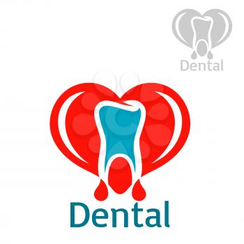 Stomatology icon with tooth. Dentistry and odontology vector isolated flat badge or sign of healthy white tooth with red heart in shape of open mouth. emblem for dentist, stomatologist clinic, teeth h