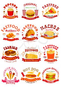 Fast Food emblems. Popcorn, cheeseburger and pizza, chicken leg, tacos and nachos chips, donut, burrito or doner kebab, french fries and hot dog, ice cream, sandwich and soda or coffee drink. Vector i
