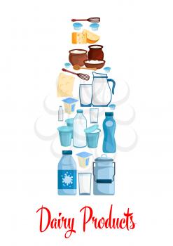 Milk and dairy poster. Bottle of milk designed of dairy village and farm products cheese, sour cream jar and butter, milk curd and milkshake, cottage cheese, yogurt or kefir, whisk and spoon. Vector s