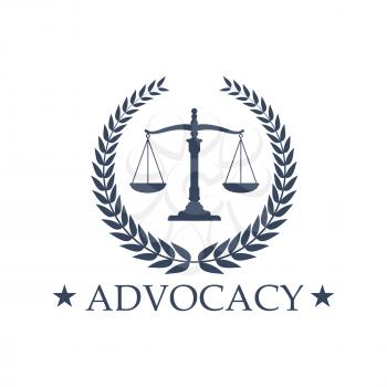 Advocacy emblem and symbol Scales of Justice for juridical or notary company. Sign or badge for law attorney, legal advocate or lawyer office. Vector isolated icon of heraldic laurel wreath and stars