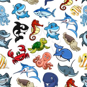 Sea animals and cartoon ocean fishes seamless pattern of vector whale, shark and dolphin, octopus and squid, turtle and stingray, hammerhead and swordfish, seahorse and crab with tuna or piranha, cach