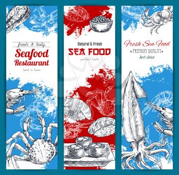 Seafood banners set. Vector sketch lobster and crab, shrimp and squid, sushi rolls and sashimi with red caviar. Design for seafood restaurant, japanese oriental sushi bar or fishery market, store or s