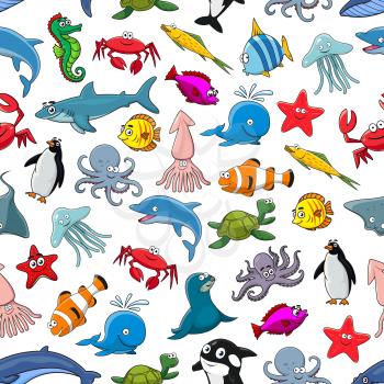 Sea fish, ocean animals and shellfish cartoon seamless pattern of vector clown fish and butterflyfish, starfish and jellyfish, dolphin, shark and whale, seahorse and octopus, stingray and penguin, lob