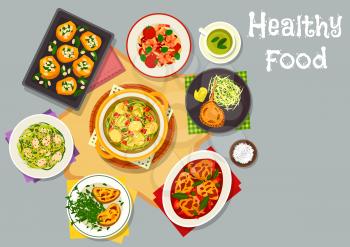 Healthy food for lunch menu icon with chicken vegetable stew, shrimp sausage pasta with tomato, cheese toast, pork chops, fried chicken with cabbage, baked pumpkin with rice, cabbage bread soup