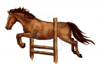 Horse racing and jump over barrier. Equine horse racing sport symbol. Arabian brown mustang jumping over fence