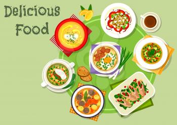 Nutritious dinner icon with beef vegetable soup, spaghetti soup with meat and egg, beef roll with cheese and spinach, meatball soup, lentil tomato salad, meat soup with pickles, eggplant cream soup