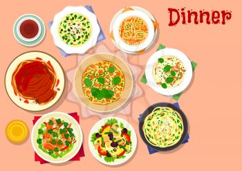 Dinner dishes icon of noodles with meat and shrimp, vegetable tuna salad with olive and egg, garlic pasta with cheese, chicken soup, spaghetti with nuts, banana pie, pumpkin omelette with bacon