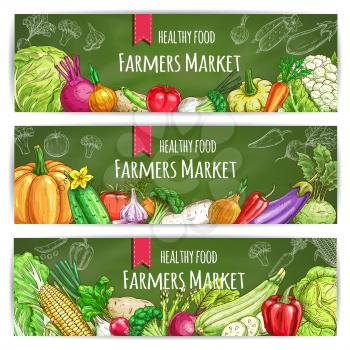 Vegetables healthy food banners. Farmers market sketch vegetables harvest. Vegetarian sketched veggies cabbage, onion, radish and tomato, peas and broccoli, leek and carrot, cauliflower and pumpkin, p