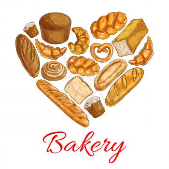 Bakery heart symbol. Vector sketched wheat and rye bread loaf, bagel, croissant, pretzel, sweet bun, cinnamon roll, muffin, dessert pie. Bakery shop poster