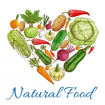 Heart of vegetables. Vector natural vegetarian food. Vegan fresh natural organic farm vegetables cabbage and zucchini, pea, cucumber, onion and chinese cabbage napa, carrot and eggplant, tomato and ga