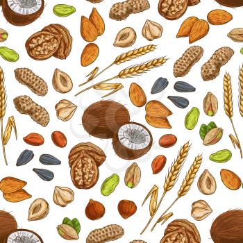 Nuts pattern. Grain, cereal and seeds of coconut, almond, pistachio and cashew, hazelnut, walnut, bean pod with peanut, sunflower and pumpkin seeds, wheat and rye. Vector seamless background