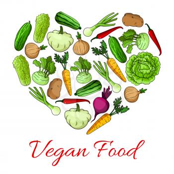 Vegetables and veggies in shape of heart. Vegan fresh organic zucchini squash, kohlrabi and leek onion, chinese cabbage and cucumber, carrot and chili pepper with potato and beet. Vector poster of far