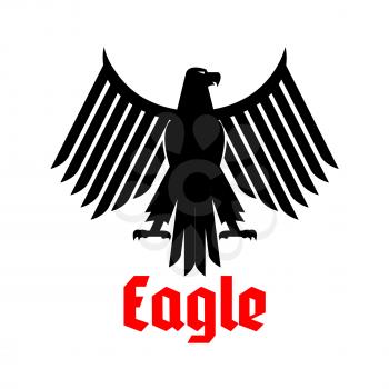 Black eagle heraldic or crest emblem. Gothic or imperial falcon or hawk symbol. Vector isolated icon of sign of phoenix with open spread wings and sharp clutches. Predatory bird heraldry symbol for ar
