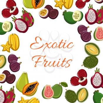 Exotic tropical fruits. Vector poster with juicy guava and durian, dragon fruit and lychee, papaya and carambola. Farmer harvest of longan and figs, rambutan and mangosteen, passion fruit maracuya and