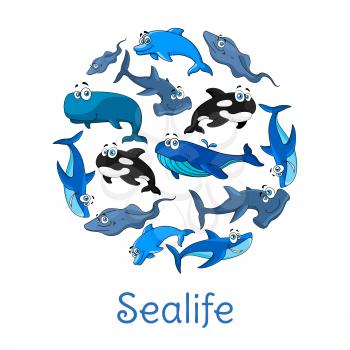Cartoon fishes or sea animals. Ocean or sealife blue dolphin, sperm whale of cachalot, stingray and white shark, hammerhead fish, killer whale or orca. Vector poster in circle shape with underwater fi